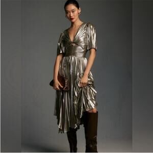 By Anthro Short Sleeve Metallic Pleated Dress